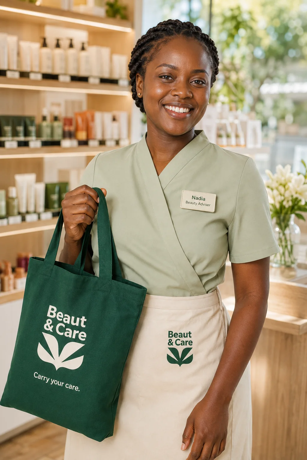 Beauty and Care retail team member holding a branded tote bag